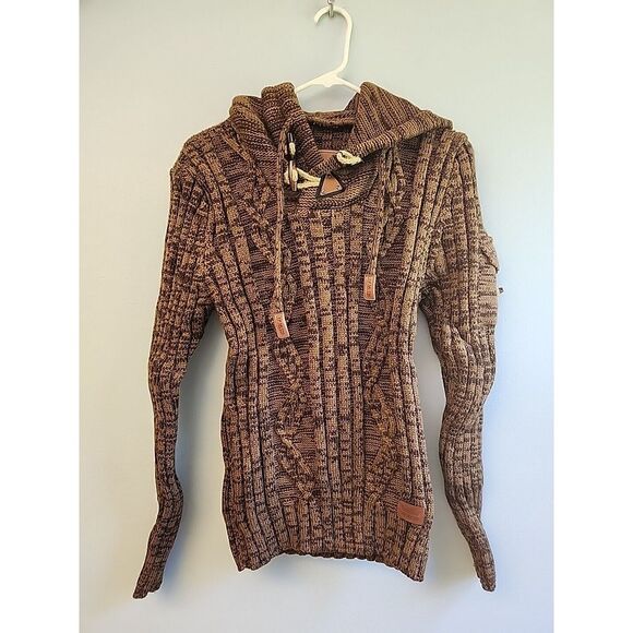 Leif Nelson Mens S Camel Brown Hooded Sweater Chunky Cable Knit Fisherman LN5400 - Picture 1 of 8